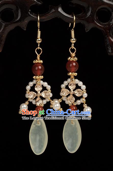 Chinese Handmade Jade Earrings Classical Jewelry Accessories Hanfu Ming Dynasty Princess Red Agate Beads Eardrop