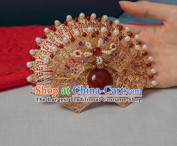 Chinese Classical Pearls Golden Hair Crown Handmade Hanfu Hair Accessories Ancient Tang Dynasty Palace Princess Agate Hairpins Phoenix Coronet