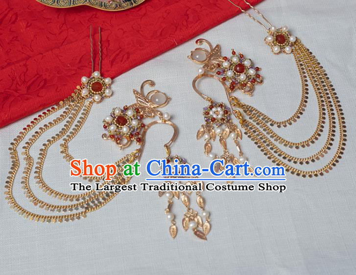 Chinese Classical Golden Hair Clasp Handmade Hanfu Hair Accessories Ancient Tang Dynasty Palace Princess Tassel Hairpins