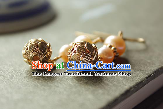 Chinese Handmade Pearls Earrings Classical Jewelry Accessories Hanfu Ming Dynasty Princess Golden Lotus Eardrop