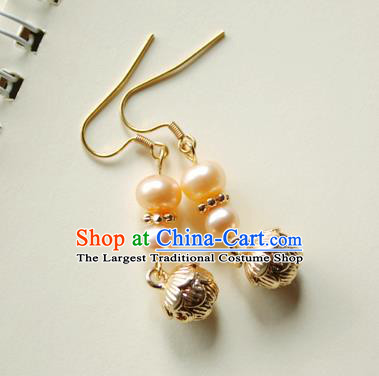 Chinese Handmade Pearls Earrings Classical Jewelry Accessories Hanfu Ming Dynasty Princess Golden Lotus Eardrop