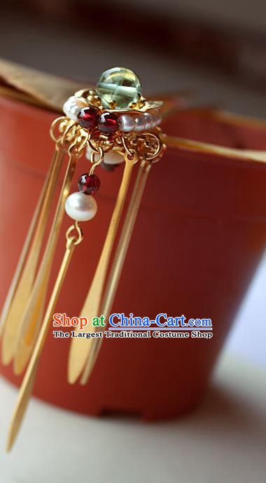 Chinese Classical Pearls Golden Tassel Hair Stick Handmade Hanfu Hair Accessories Ancient Ming Dynasty Queen Hairpins