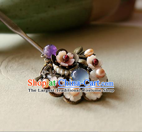 Chinese Classical Pearls Black Hair Stick Handmade Hanfu Hair Accessories Ancient Ming Dynasty Queen Blue Chalcedony Hairpins