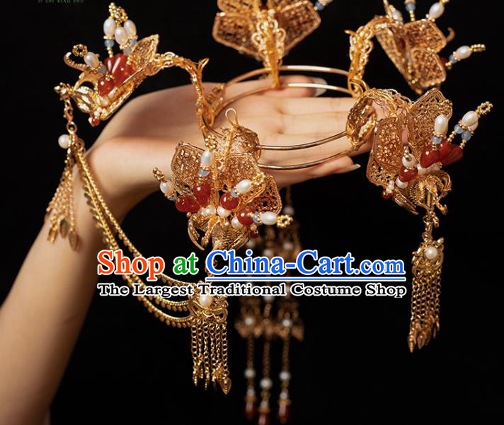 Chinese Classical Golden Tassel Hair Crown Handmade Hanfu Hair Accessories Ancient Tang Dynasty Empress Hairpins Agate Phoenix Coronet