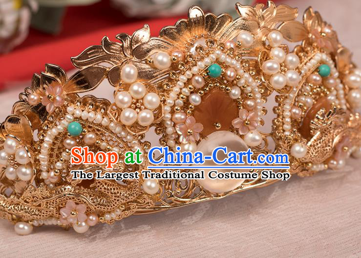 Chinese Classical Golden Lotus Hair Crown Handmade Hanfu Hair Accessories Ancient Song Dynasty Empress Hairpins Pearls Hair Comb