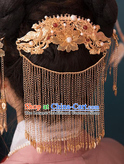 Chinese Classical Golden Hair Stick Handmade Hanfu Hair Accessories Ancient Ming Dynasty Princess Back Tassel Hairpins