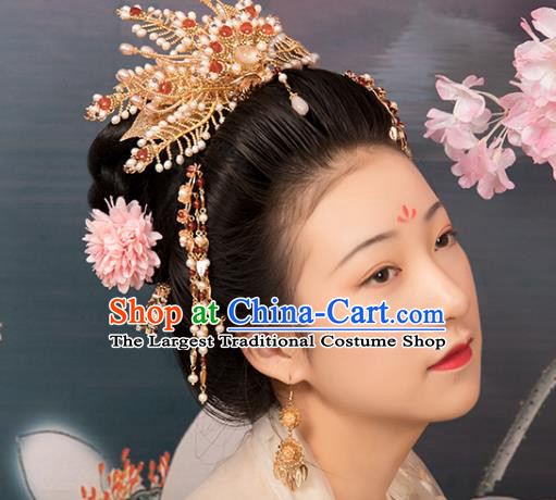 Chinese Classical Golden Phoenix Coronet Handmade Hanfu Hair Accessories Ancient Ming Dynasty Princess Hairpins Pearls Hair Crown