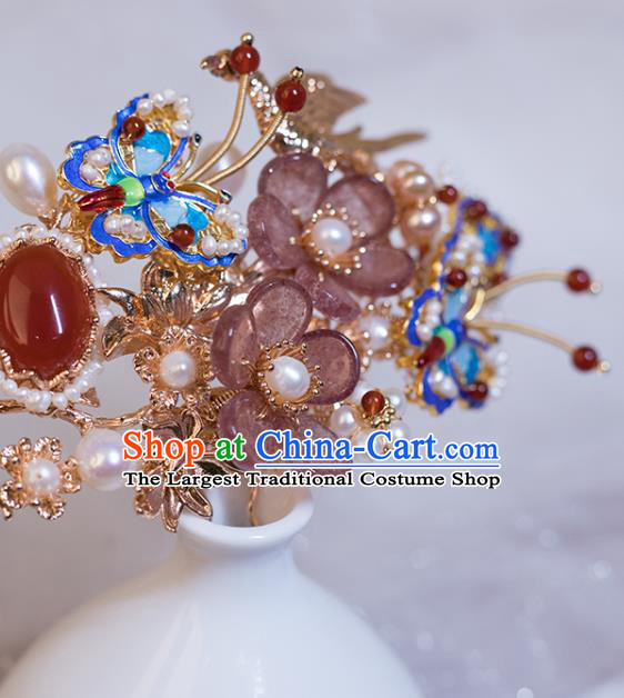 Chinese Classical Blueing Butterfly Hair Stick Handmade Hanfu Hair Accessories Ancient Ming Dynasty Princess Pearls Agate Hairpins