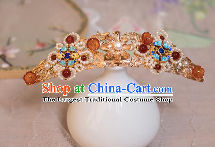 Chinese Classical Blueing Pearls Hair Comb Handmade Hanfu Hair Accessories Ancient Ming Dynasty Princess Hairpins Agate Hair Crown