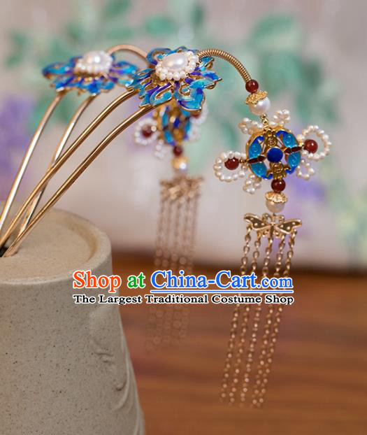 Chinese Classical Blueing Hair Comb Handmade Hanfu Hair Accessories Ancient Ming Dynasty Princess Golden Tassel Pearls Hairpins