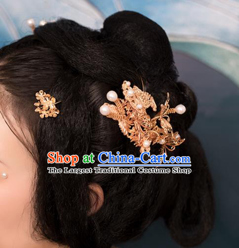 Chinese Classical Pearls Hair Stick Handmade Hanfu Hair Accessories Ancient Ming Dynasty Queen Golden Phoenix Hairpins