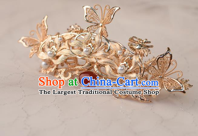 Chinese Classical Golden Lotus Hair Comb Handmade Hanfu Hair Accessories Ancient Ming Dynasty Queen Hairpins Agate Hair Crown