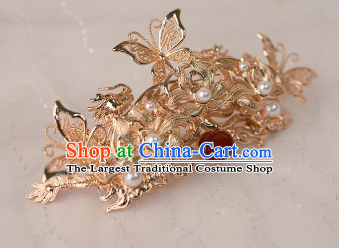 Chinese Classical Golden Lotus Hair Comb Handmade Hanfu Hair Accessories Ancient Ming Dynasty Queen Hairpins Agate Hair Crown