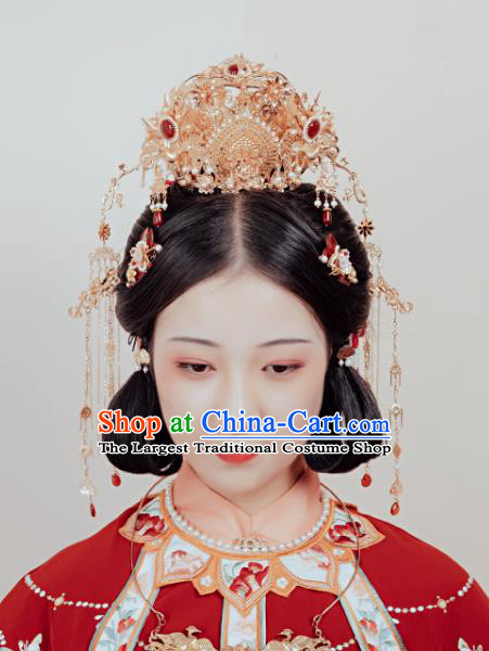 Chinese Classical Golden Phoenix Coronet Handmade Hanfu Hair Accessories Ancient Tang Dynasty Queen Hairpins Pearls Hair Crown