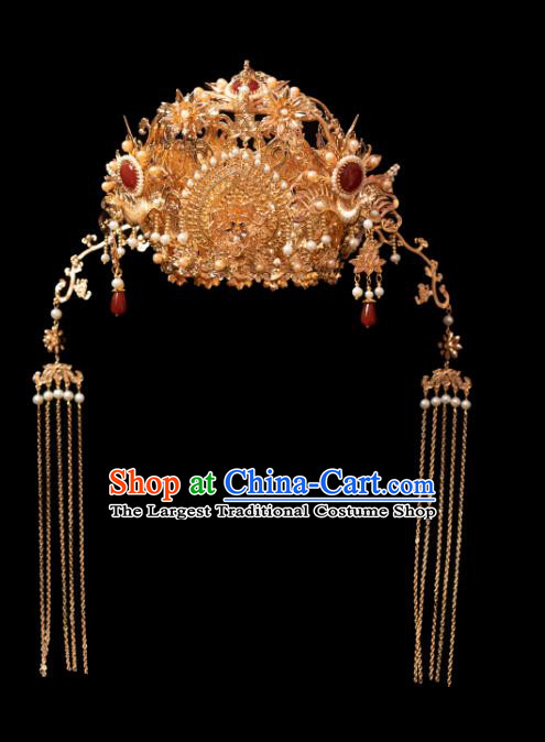 Chinese Classical Golden Phoenix Coronet Handmade Hanfu Hair Accessories Ancient Tang Dynasty Queen Hairpins Pearls Hair Crown