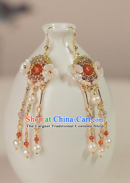 Chinese Handmade Pearls Earrings Classical Ear Accessories Hanfu Ming Dynasty Princess Shell Flowers Eardrop