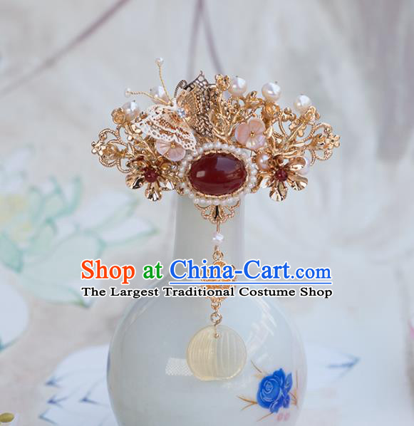 Chinese Classical Palace Golden Butterfly Hair Crown Handmade Hanfu Hair Accessories Ancient Ming Dynasty Empress Pearls Agate Hairpins