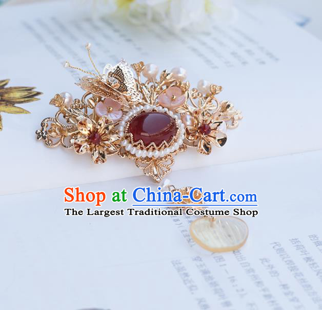 Chinese Classical Palace Golden Butterfly Hair Crown Handmade Hanfu Hair Accessories Ancient Ming Dynasty Empress Pearls Agate Hairpins