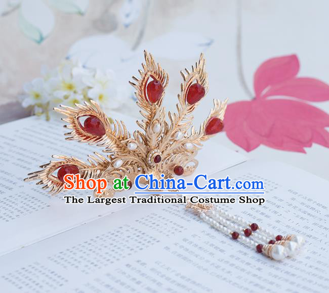 Chinese Classical Palace Agate Phoenix Hair Crown Handmade Hanfu Hair Accessories Ancient Ming Dynasty Empress Pearls Golden Hairpins