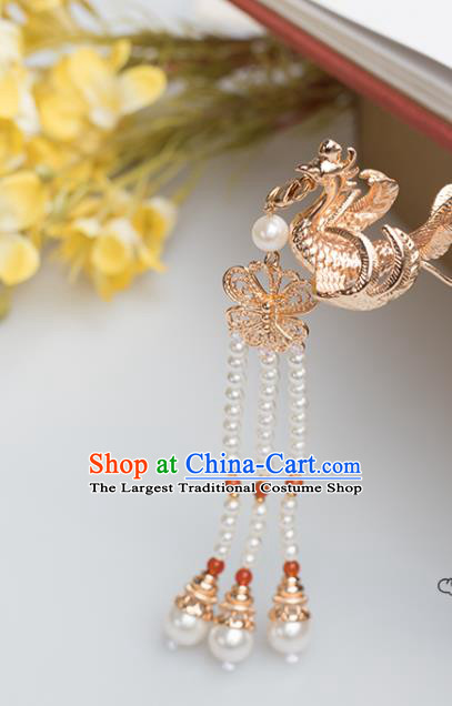 Chinese Classical Palace Pearls Tassel Step Shake Handmade Hanfu Hair Accessories Ancient Ming Dynasty Empress Golden Phoenix Hairpins