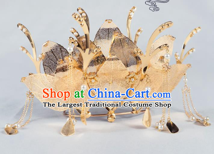 Chinese Classical Palace Golden Lotus Hair Crown Handmade Hanfu Hair Accessories Ancient Song Dynasty Empress Hairpins