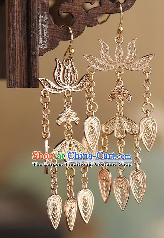 Chinese Handmade Golden Lotus Tassel Earrings Classical Ear Accessories Hanfu Tang Dynasty Empress Eardrop