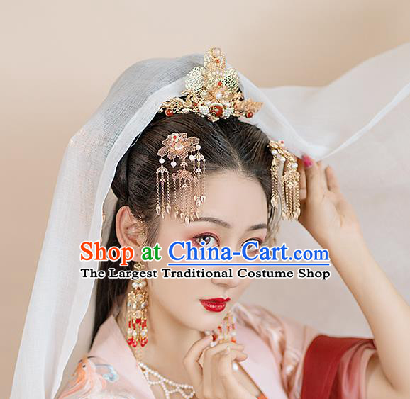 Chinese Classical Palace Golden Dragon Hair Crown Handmade Hanfu Hair Accessories Ancient Tang Dynasty Princess Pearls Hairpins