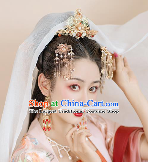 Chinese Classical Palace Tassel Hair Stick Handmade Hanfu Hair Accessories Ancient Tang Dynasty Princess Golden Peony Pearls Hairpins