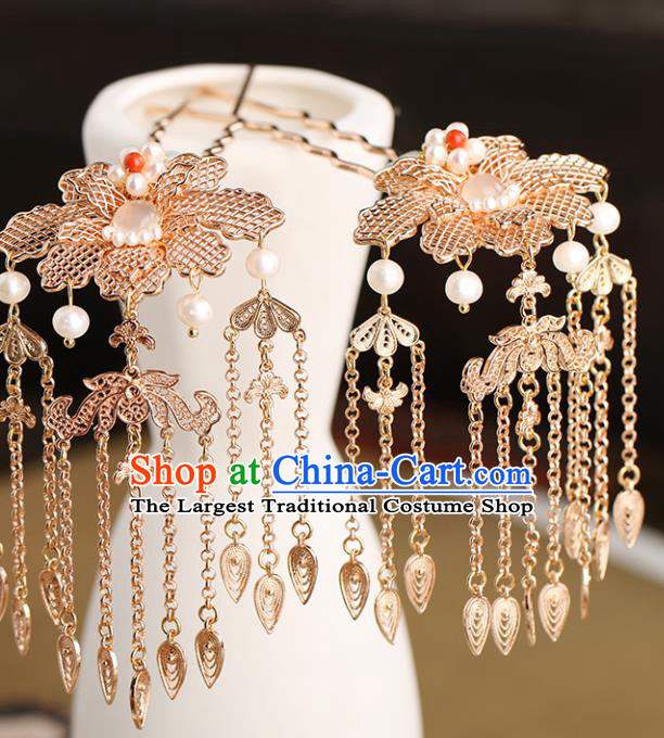 Chinese Classical Palace Tassel Hair Stick Handmade Hanfu Hair Accessories Ancient Tang Dynasty Princess Golden Peony Pearls Hairpins