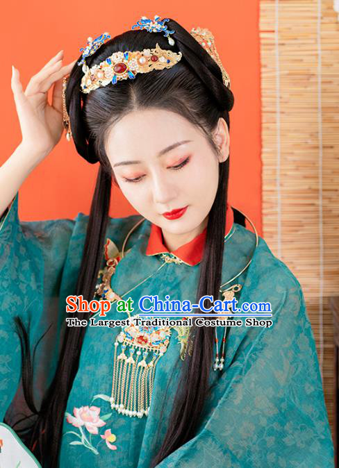 Chinese Handmade Blueing Lotus Necklet Classical Jewelry Accessories Ancient Ming Dynasty Princess Hanfu Agate Necklace for Women
