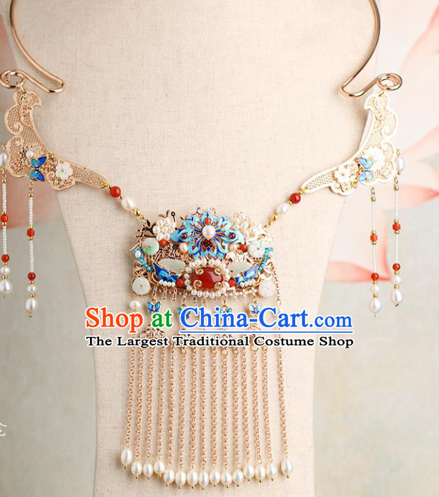Chinese Handmade Blueing Lotus Necklet Classical Jewelry Accessories Ancient Ming Dynasty Princess Hanfu Agate Necklace for Women