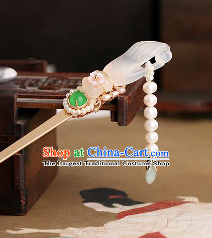 Chinese Classical Palace Jade Hair Stick Handmade Hanfu Hair Accessories Ancient Ming Dynasty Princess Pearls Tassel Hairpins