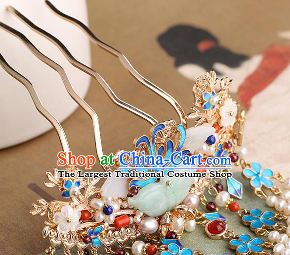 Chinese Classical Palace Jade Butterfly Hair Comb Handmade Hanfu Hair Accessories Ancient Ming Dynasty Princess Pearls Tassel Hairpins