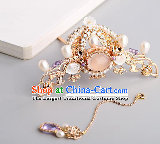 Chinese Classical Palace Crystal Hair Crown Handmade Hanfu Hair Accessories Ancient Ming Dynasty Princess Shell Pearls Hairpins
