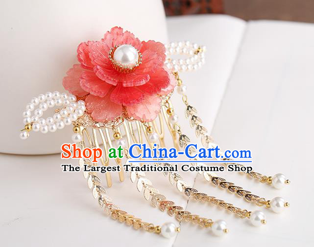 Chinese Classical Palace Red Peony Tassel Hair Comb Handmade Hanfu Hair Accessories Ancient Ming Dynasty Princess Hairpins