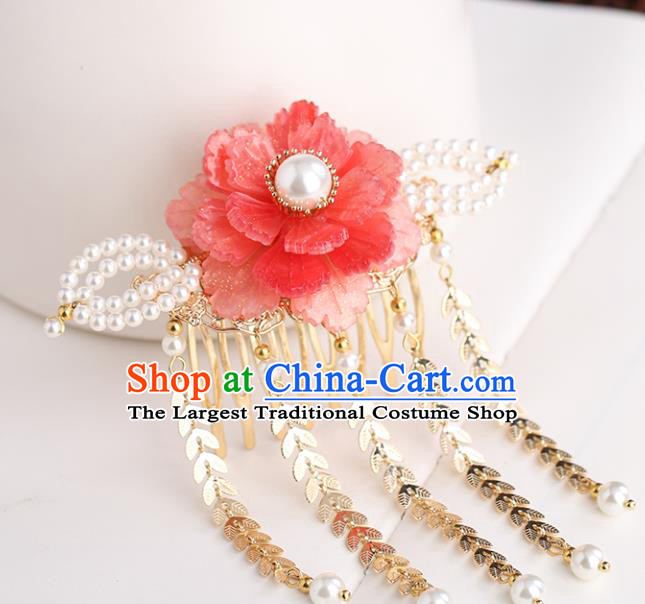 Chinese Classical Palace Red Peony Tassel Hair Comb Handmade Hanfu Hair Accessories Ancient Ming Dynasty Princess Hairpins