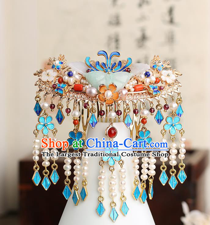 Chinese Classical Palace Pearls Tassel Hair Comb Handmade Hanfu Hair Accessories Ancient Ming Dynasty Princess Jade Butterfly Hairpins