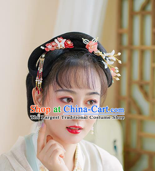 Chinese Classical Palace Red Crystal Tassel Hair Stick Handmade Hanfu Hair Accessories Ancient Ming Dynasty Princess Shell Butterfly Hairpins