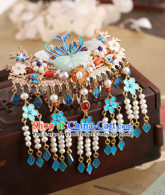 Chinese Classical Palace Pearls Tassel Hair Comb Handmade Hanfu Hair Accessories Ancient Ming Dynasty Princess Jade Butterfly Hairpins