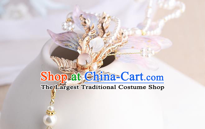 Chinese Classical Palace Beads Phoenix Tassel Hair Sticks Handmade Hanfu Hair Accessories Ancient Ming Dynasty Princess Hairpins