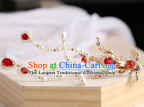 Chinese Classical Palace Phoenix Hair Sticks Handmade Hanfu Hair Accessories Ancient Ming Dynasty Princess Red Crystal Hairpins