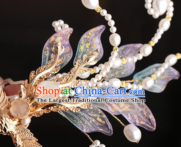 Chinese Classical Palace Lilac Phoenix Hair Sticks Handmade Hanfu Hair Accessories Ancient Ming Dynasty Princess Pearls Hairpins