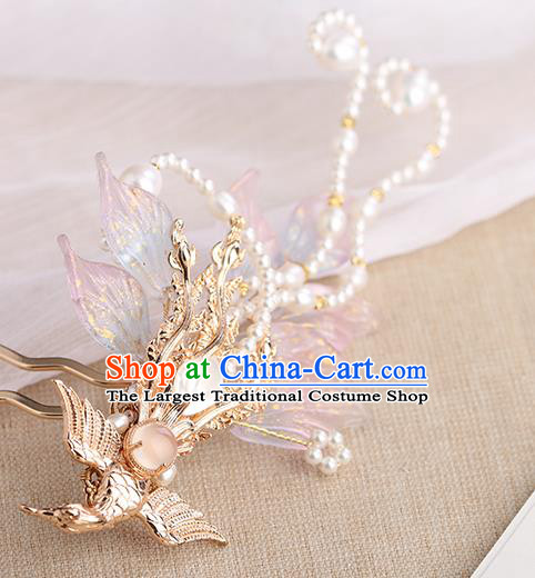 Chinese Classical Palace Pink Phoenix Hair Sticks Handmade Hanfu Hair Accessories Ancient Ming Dynasty Princess Pearls Hairpins