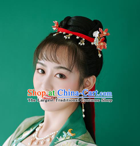 Chinese Classical Palace Red Lotus Hair Sticks Handmade Hanfu Hair Accessories Ancient Song Dynasty Princess Shell Fish Hairpins