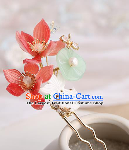 Chinese Classical Palace Red Lotus Hair Sticks Handmade Hanfu Hair Accessories Ancient Song Dynasty Princess Shell Fish Hairpins