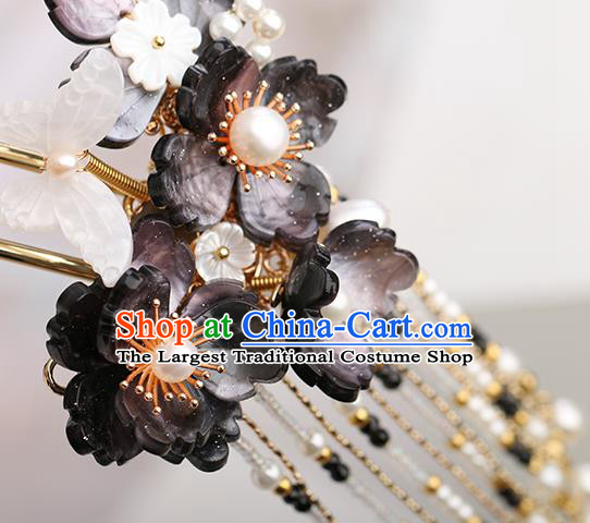 Chinese Classical Palace Tassel Hair Sticks Handmade Hanfu Hair Accessories Ancient Ming Dynasty Princess Black Flowers Hairpins