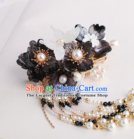 Chinese Classical Palace Shell Butterfly Hair Sticks Handmade Hanfu Hair Accessories Ancient Ming Dynasty Princess Black Flowers Tassel Hairpins