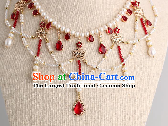 Chinese Handmade Red Crystal Necklet Classical Jewelry Accessories Ancient Ming Dynasty Princess Hanfu Pearls Necklace for Women