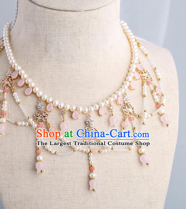 Chinese Handmade Pink Convallaria Necklet Classical Jewelry Accessories Ancient Ming Dynasty Princess Hanfu Pearls Necklace for Women