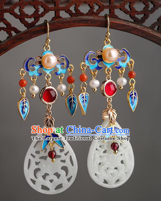 Chinese Handmade Blueing Earrings Classical Ear Accessories Hanfu Ming Dynasty Empress Jade Eardrop